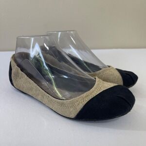 TOMS Flats Women 6.5 Alessandra Burlap Black Neutral Preppy Vegan Slip On Ballet